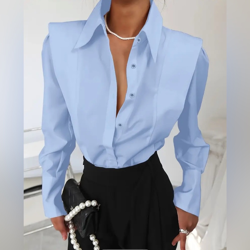 Light Blue Structured-Shoulder Button-Down Blouse | Exaggerated Collar Shirt